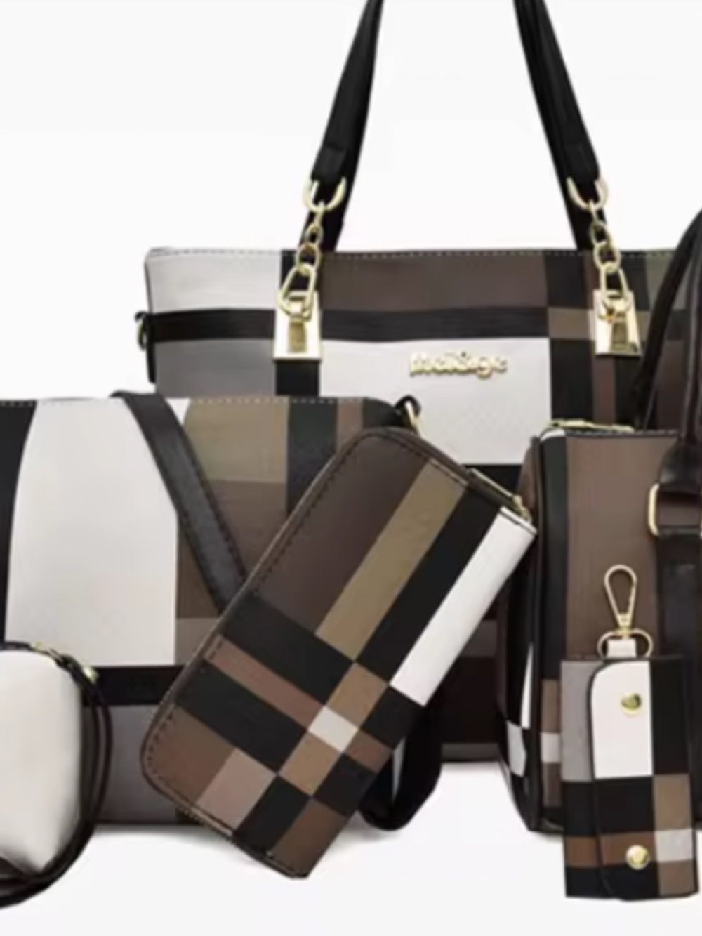 Plaid Brown & Cream Tote with Matching Wallet Set